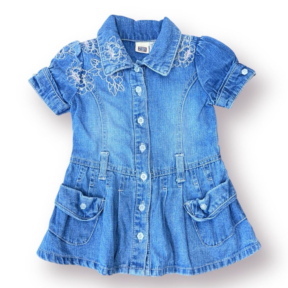 Vintage Faded Glory Girls 12 Months Denim Dress Embroidered Flowers Y2k Prairie